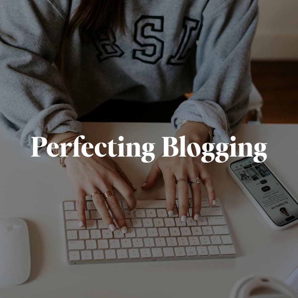 Woman typing on keyboard with "Perfecting Blogging" logo.