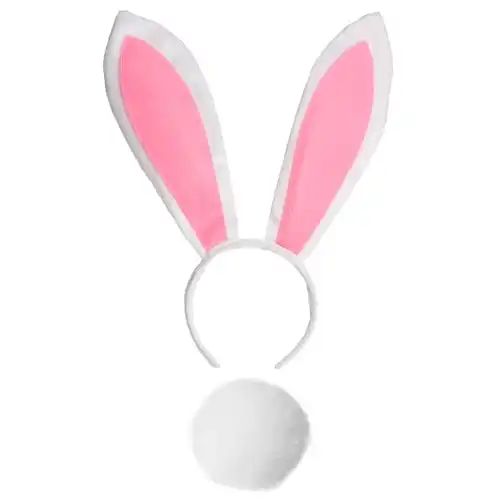 Bunny Ears and tail Set, Plush Easter Rabbit Ears Headband Tail Bunny Halloween Cosplay Costume Accessories (White)