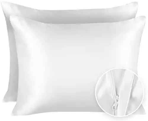 ShopBedding Satin Pillowcase for Hair and Skin Silk Pillowcases – 2 Pack, Satin Pillowcases with Zipper Closure, Satin Pillow Case Cover, Standard Satin Silk Pillowcase for Hair & Skin, Whit...