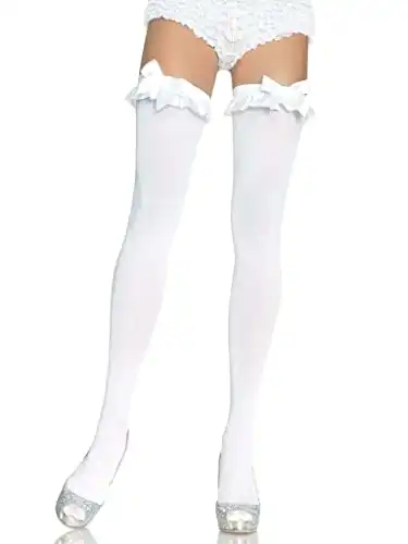 Leg Avenue Women's Satin Ruffle Trim and Bow Thigh Highs, White, One Size