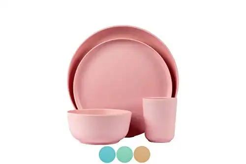 BAMBOO LAND Set for 1 person (4PCS) /reusable bamboo fiber dinnerware, bamboo dishwasher safe, Bamboo fiber tableware for adults and kids, Picnic dinnerware set, Bamboo dishes, cup (Pink)
