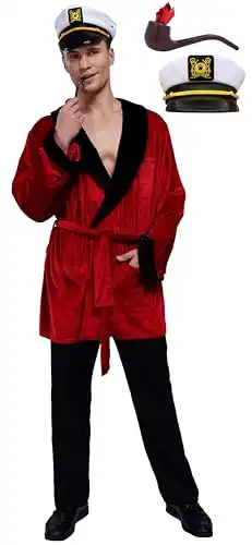 Maxim Party Supplies Men's Velvet Smoking Robe Jacket With Belt Includes Captain Hat and Toy Pipe Costume (Medium/Large)
