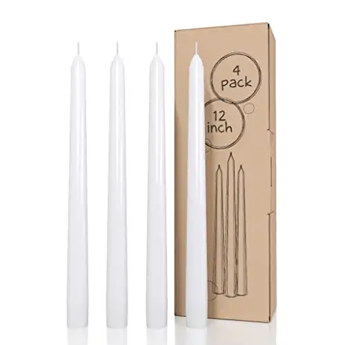 CANDWAX White Taper Candles 12 inch Dripless - Set of 4 Tapered Candles Ideal as Dinner Candles - Smokeless and Unscented Taper Candles Long Burning - Hand Poured Tall Candlesticks