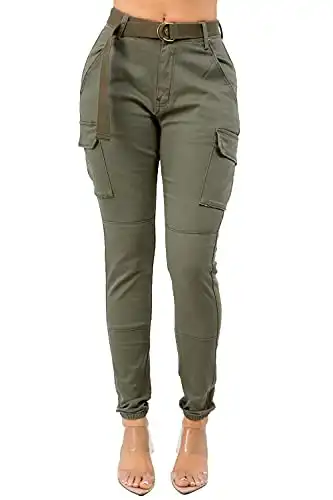 TwiinSisters Women's High Waist Slim Fit Color Cargo Joggers Pants with Matching Belt - Large, Olive