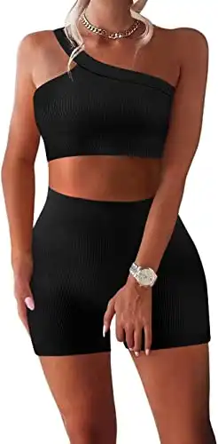 TWFRHC Women's Workout Sets Ribbed Tank 2 Piece Seamless High Waist Gym Outfit Yoga Shorts Sets