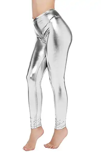 PINKPHOENIXFLY Womens Sexy Shiny Faux Leather Leggings Pants (S, Silver)