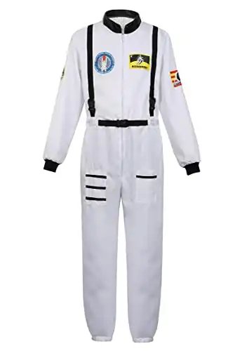 Men's Adult Astronaut Spaceman Costume Coverall Pilot Air Force Flight Jumpsuit Halloween Dress Up Party White-L