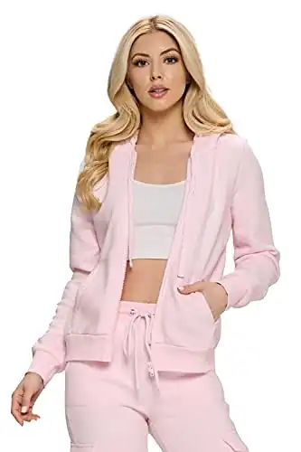Khanomak Women's Terry Zip Up Casual Fit Jogger Hoodie Sweatshirts Long Sleeve Drawstrings Baby Pink Medium