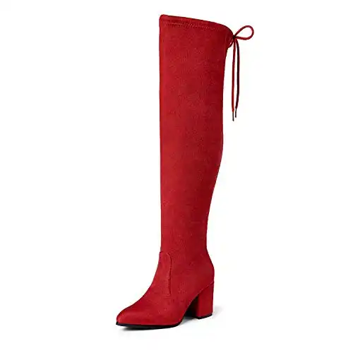 DREAM PAIRS Women's Red Thigh High Boots Over The Knee Stretch Suede Cute Block Heel Fashion Long Boots Size 8.5 M US Gracie-2