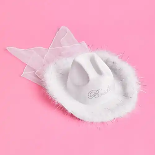 xo, Fetti Bride Cowgirl Hat, Bachelorette Party | White Velvet Fur Veil Favors, Engagement, Last Rodeo Gift + Bridal Shower Supplies