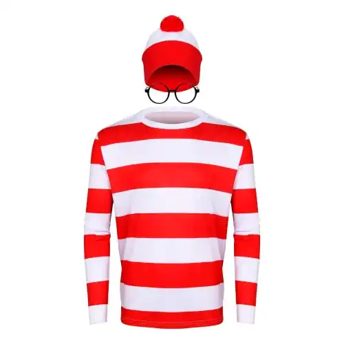 PARTYEVER Adult Men Halloween Red and White Striped Long Sleeve Tee Shirt Glasses Hat Outfit Suit Set Funny Cosplay Sweatshirt Costume (X-Large)