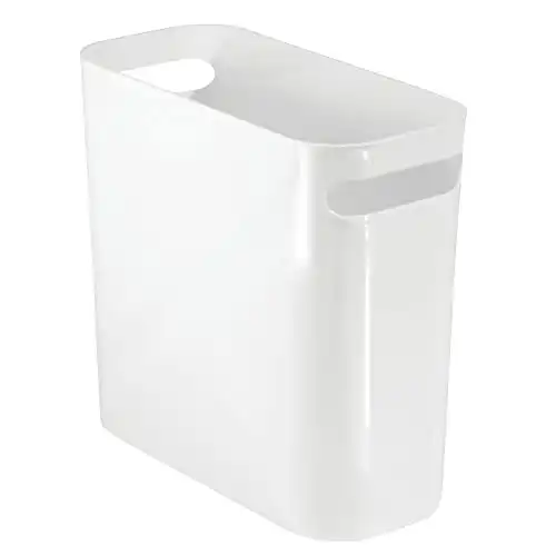 mDesign Plastic Small Trash Can, 1.5 Gallon/5.7-Liter Wastebasket, Narrow Garbage Bin with Handles for Bathroom, Laundry, Home Office - Holds Waste, Recycling, 10" High, Aura Collection, White