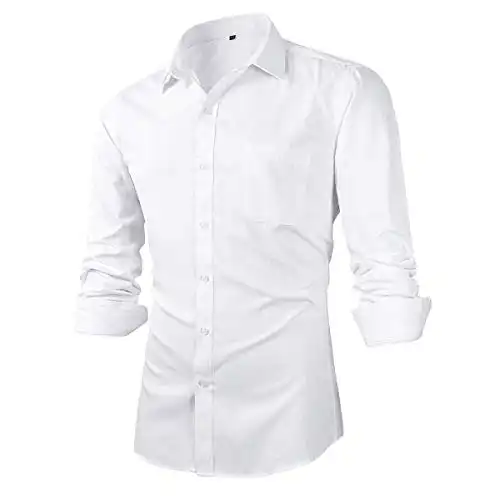 Beninos Mens Slim Fit Solid Point Collar Button Down Dress Shirt (CD01 White, S)