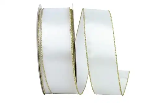 Reliant Ribbon 92971W-980-40K Satin Value Metallic Wired Edge Ribbon, 2-1/2 Inch X 50 Yards, White/Gold