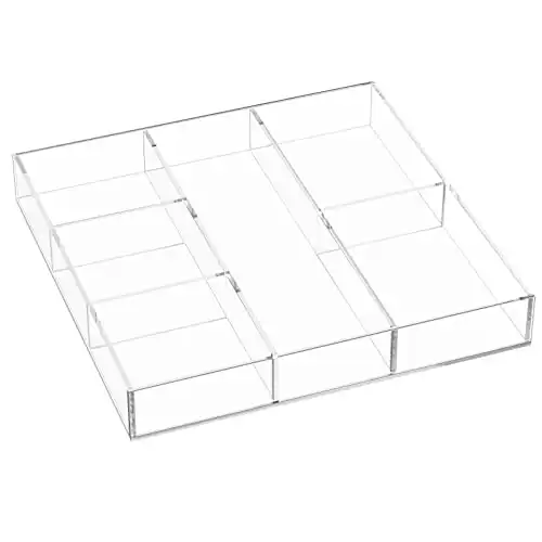 HIIMIEI Acrylic Drawer Organizer, 6 Section Clear Makeup Tray Organizer for Drawer Office Bedroom(11.8x11.8 inch)