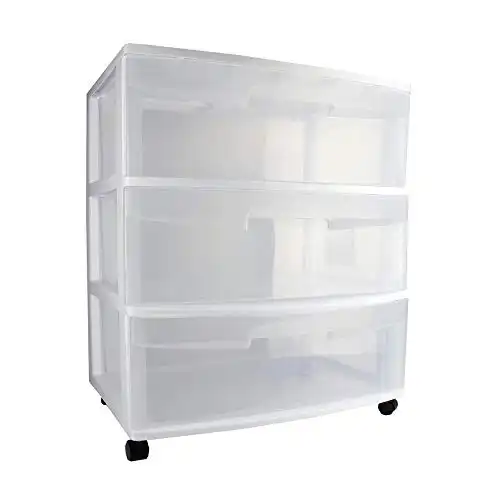 Sterilite Wide 3-Drawer Storage Cart, Organize Items in Bedroom, Kitchen, Bathroom, Craft & Dorm Room, White with Clear Drawers, 1-Pack