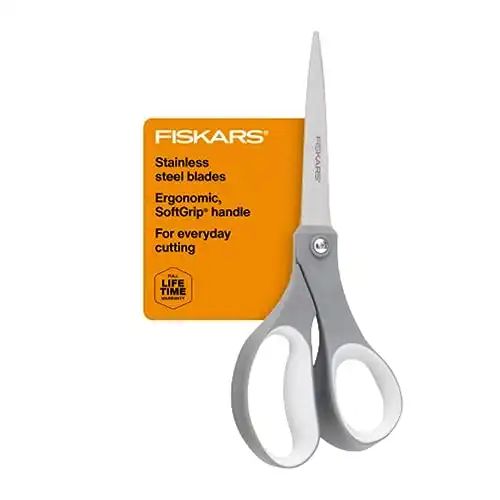 Fiskars Softgrip Contoured Performance Scissors All Purpose - Stainless Steel - 8" - Fabric Scissors for Office, Arts, Crafts, and Stocking Stuffers - Grey