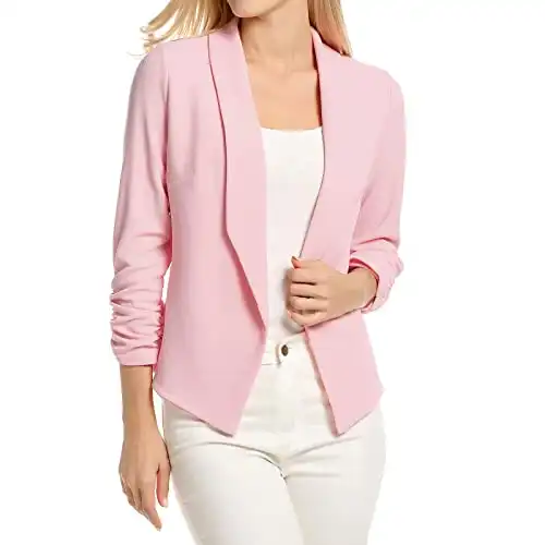 Women's Basic Lightweight Thin 3/4 Sleeve Open-Front Blazer Coat (L, Pink)