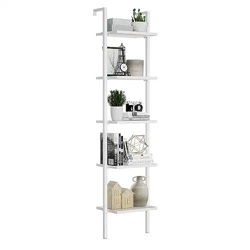NUMENN Industrial Ladder Shelf, 5 Tier Book Shelf, Open Space Wall Mount Bookshelf with Metal Frame, Sturdy Book Shelves, Bookcase for Living Room, Home Office, White