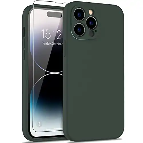 DEENAKIN Compatible with iPhone 14 Pro Max Case with Screen Protector - Silky Soft Silicone - Enhanced Camera Cover - Slim Fit Protective Phone Case for Men Women Girls 6.7" - Army Green