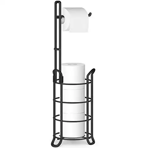 TomCare Toilet Paper Holder Toilet Paper Stand and Dispenser for 3 Spare Rolls Metal Wire Free-Standing Toilet Tissue Paper Roll Storage Shelf Bathroom Accessories Storage Organizer Black