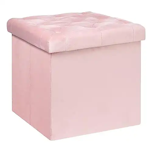 B FSOBEIIALEO Storage Ottoman Cube, Velvet Tufted Folding Ottomans with Lid, Footstool Rest Padded Seat for Bedroom (Pink, Medium)