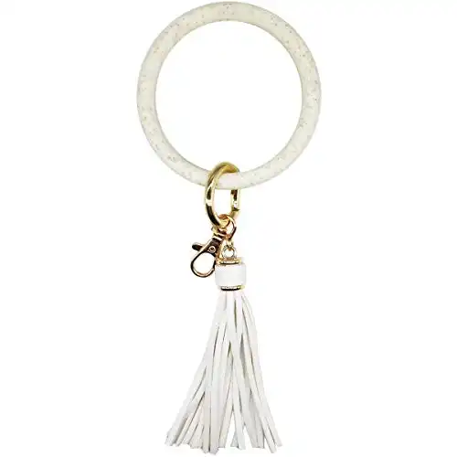 AnnabelZ Keychain Bracelet Wristlet Bangle Silicone Key Holder Round Keyring Tassel Key Ring Chain for Women Girls (Cream Bling)