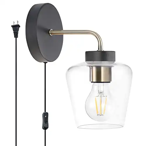BISAMIYA Modern Clear Glass Shade Wall lamp, Plug in Wall Sconce with On/Off Switch, E26 Base, Suitable for Living Room, Bedroom, TV Wall, Study Room, Cafe