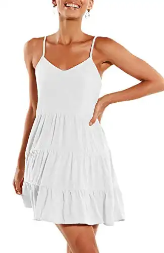 ZJCT Womens Summer Dresses V Neck Sleeveless Spaghetti Strap Sundress Pleated Loose Swing Casual T Shirt Dress with Pockets White S