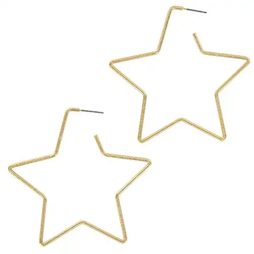And Lovely 14K Gold Dipped Star Earrings - Hypoallergenic Lightweight Fun Statement Drop Dangle Earrings (Brushed Gold Star Hoop)