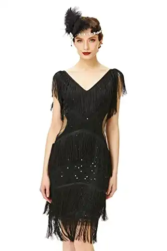 BABEYOND Women's 1920s Flapper Dress V Neck Slip Dress (Black, S)