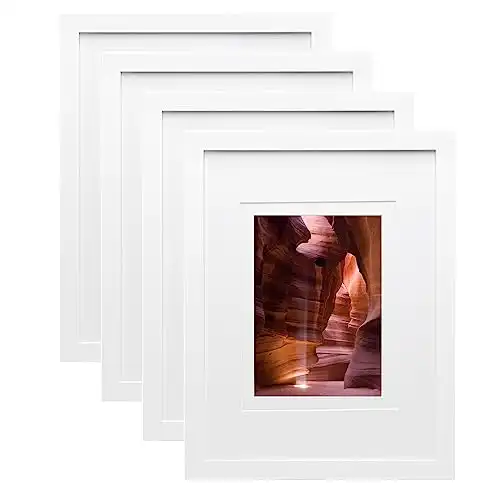 Egofine 9x12 Picture Frames White Covered by Plexiglass, Wood Frames for Pictures 6x8 with Mat or 9x12 without Mat, Tabletop and Wall Mounting Display, Set of 4