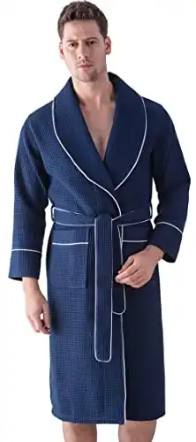 SEYANTE Waffle Shawl Collar Robe with Piping – Lightweight, Long, Ultra Soft Spa Sleepwear Bathrobe (XX-Large, Navy)