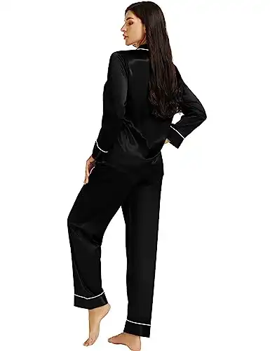 Womens Silk Satin Pajamas Set Sleepwear Loungewear Black XS