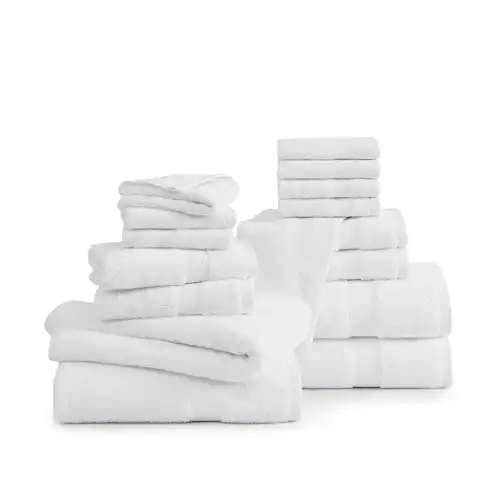 LANE LINEN 16 Piece Bath Towels Set - Luxury Bath Towels, 100% Cotton Towels for Bathroom, Highly Absorbent Shower Towels, 4 Bath Towels, 4 Hand Towels and 8 Washcloths Sets- White