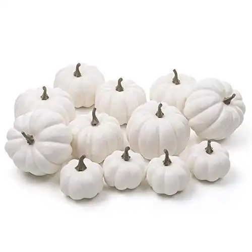 Ogrmar 12 Pack Artificial Assorted Pumpkins, Mini Fake Pumpkins Artificial Vegetables for Halloween,Harvest Thanksgiving Party Decor (White)