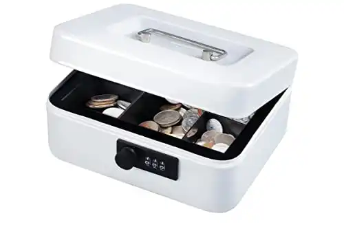 KYODOLED Cash Box with Combination Lock,Safe Metal Box for Money,Storage Lock Box with Money Tray,7.87"x 6.30"x 3.54" White Medium