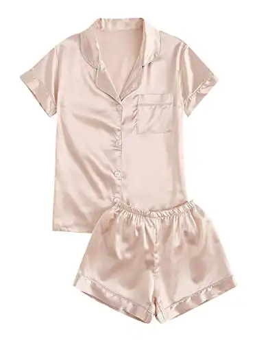 SweatyRocks Women's Short Sleeve Sleepwear Button Down Satin 2 Piece Pajama Set Nude Medium