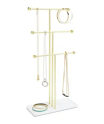 Umbra Trigem Hanging Jewelry Organizer Tiered Tabletop Countertop Free Standing Necklace Holder Display, 3, Brass/White