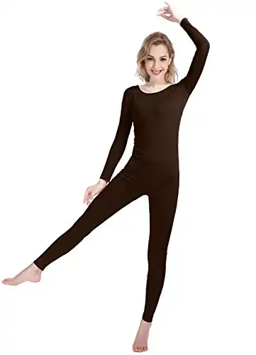 Shinningstar Girls Womens Well-fit Spandex Bodysuit Long Sleeve Neckline Footless Unitard (XS, Dark Brown)