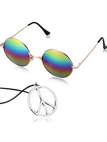 Tatuo Hippie Dressing Accessory Set Hippie Glasses and Peace Sign Necklace (Rainbow)