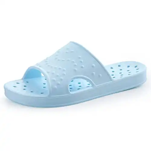 Shevalues Shower Shoes for Women with Arch Support Quick Drying Pool Slides Lightweight Bathroom Slippers with Drain Holes, Light Blue 8-9 Women / 6.5-7.5 Men
