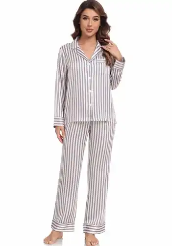 Serenedelicacy Women's Satin Pajama Set Long Sleeve Button Down Sleepwear 2-Piece Striped Silky Pj Set (Small, Crystal Pink/Grey, Stripe)