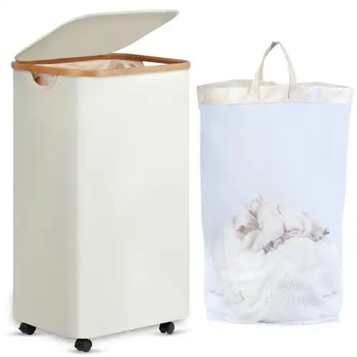 efluky Laundry Hamper with Wheels, Rolling Laundry Hamper with Lid and Removable Bag, Collapsible Dirty Clothes Hamper with Wheels for Laundry Room, Bedroom & Bathroom, 100L (26.4 Gallon) Beige