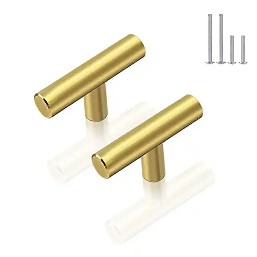 Probrico (15Pack Gold Cabinet Knobs 2" Overall Length, Modern T Bar Knobs Single Hole Dresser Pulls, Euro Style Stainless Steel Kitchen Bathroom Drawer Handles