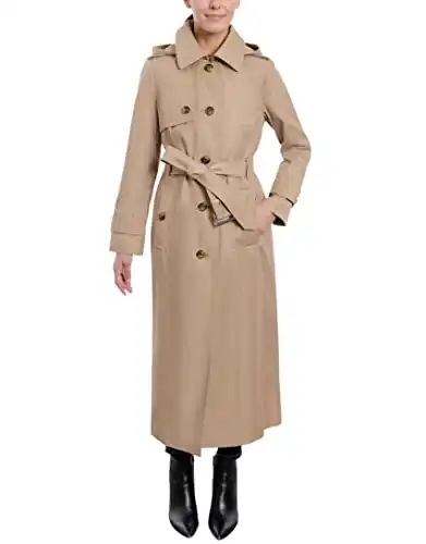 London Fog Women's Single Breasted Long Trench Coat with Epaulettes and Belt, BR Khaki, Small