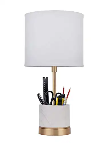 Doraimi 1 Light Marble Pen Holder Desk Lamp with Plating Antique Brass Finish, Modern and Concise Style Desk Lamp with Off-White Fabric Shade for Bedroom, Living Room,Office.(Included a 10W CFL Bulb)
