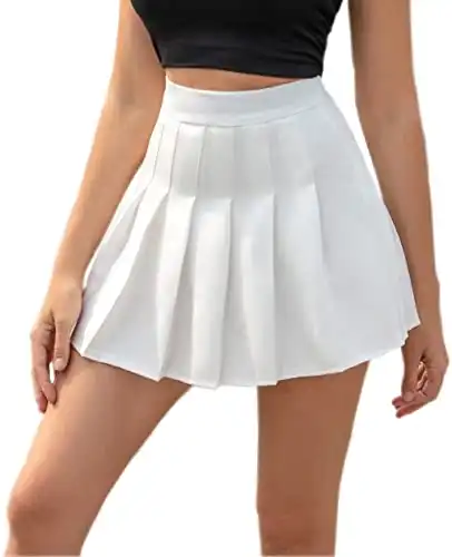 Hoerev White Plaid Pleated Skater Tennis School Uniform Skirt with Lining Shorts,US 6