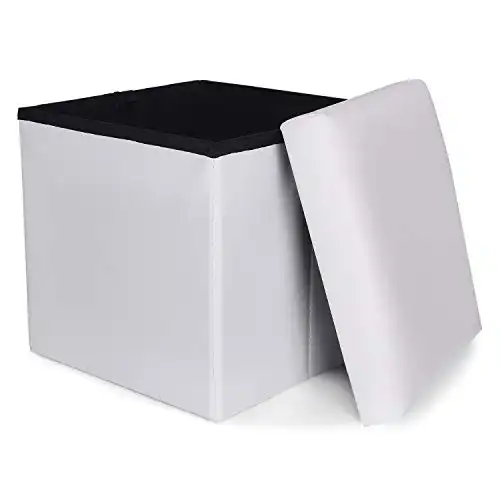 RONSTA Storage Ottoman, Foldable Cube Ottoman with Storage for Children, Foot Rest, Cloth Foot Stools and Ottomans with Memory Foam and Faux Linen Seat (PU-White)