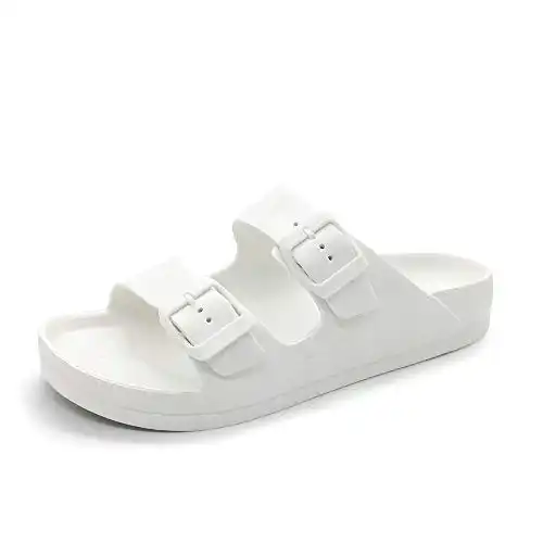 FUNKYMONKEY Women's Comfort Slides Double Buckle Adjustable EVA Flat Sandals (7 M US-Women, White)